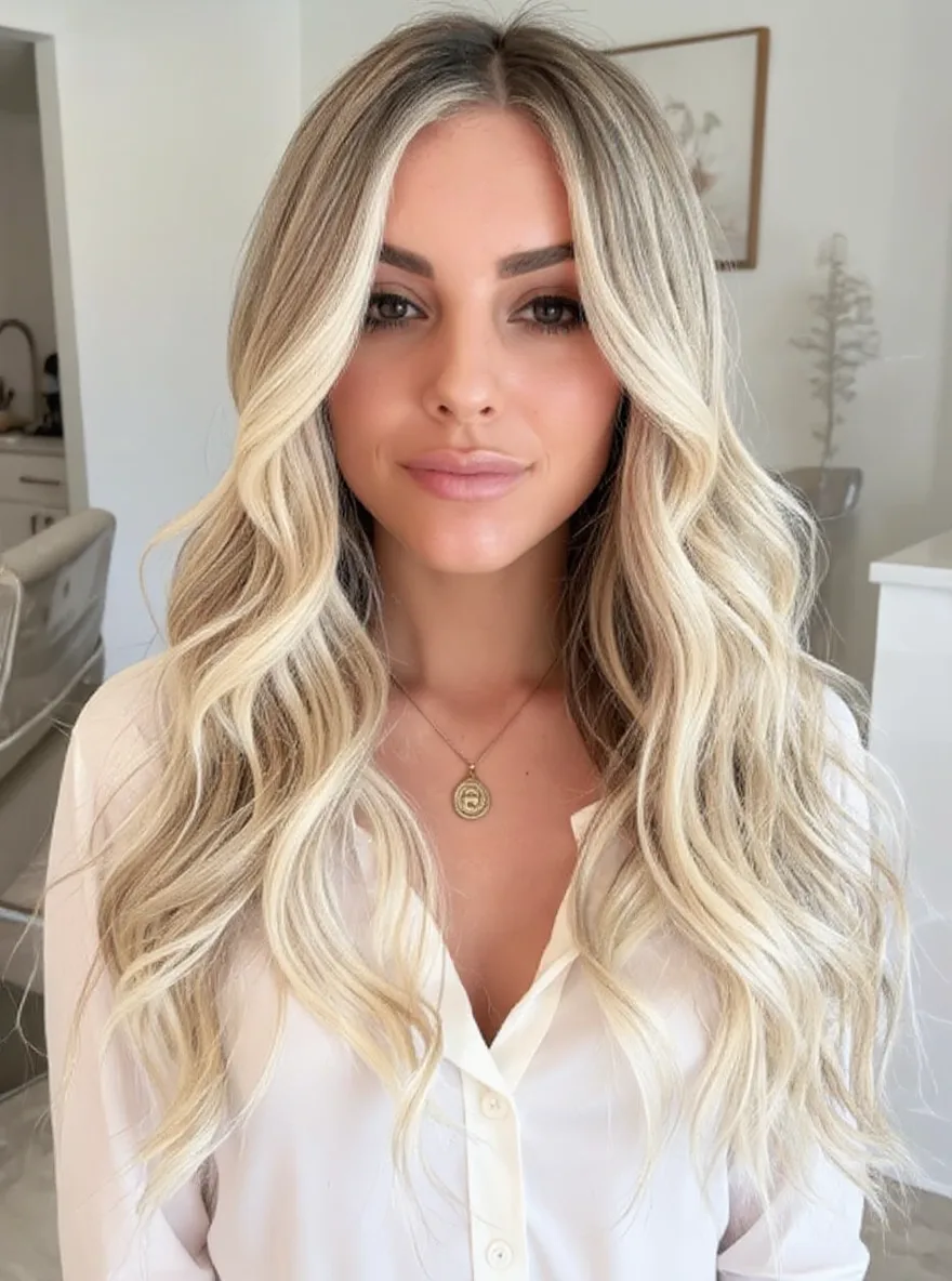 Vanilla Blonde Long Layers with Soft Balayage Highlights